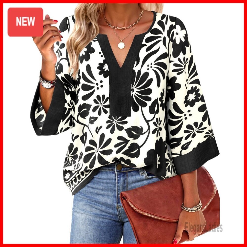 3/4 Sleeve V Neck Floral Loose Fit Tunic Top Chiffon Blouse